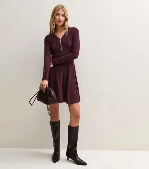 New Look Women's Dark Burgundy Long Sleeve Zip Front Mini Dress