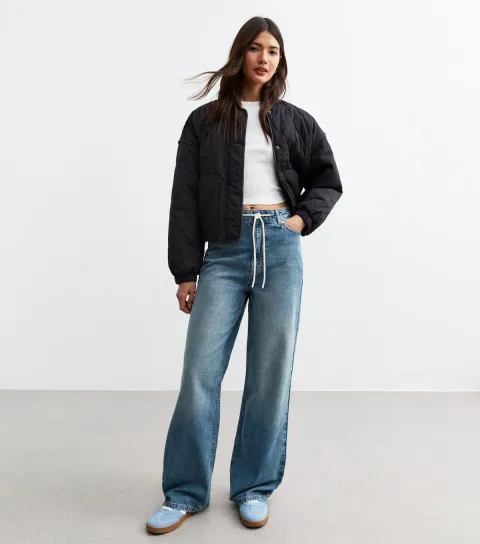 Women's Blue High Rise Drawstring Wide Leg Jeans