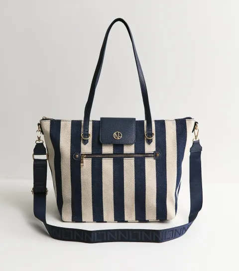 New Look Dark Blue Striped Canvas Faux Leather Trimmed Tote Bag