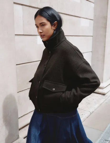 Wool Blend Funnel Neck Herringbone Jacket Brown