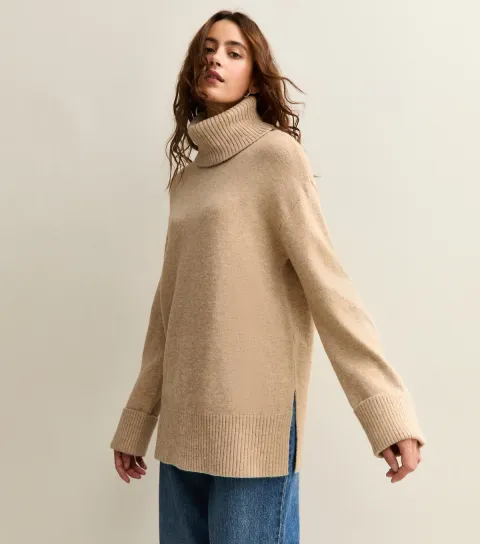Women's Camel Longline Roll Neck Jumper