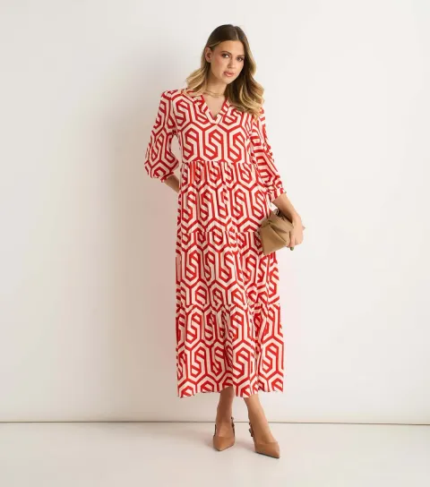 Women's Red Geometric Print Midi Dress