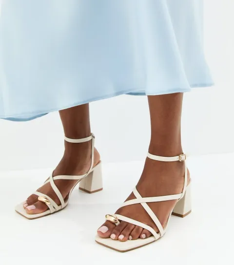 New Look Women's Off White Faux Leather Metal Toe Loop Block Heel Sandals Vegan