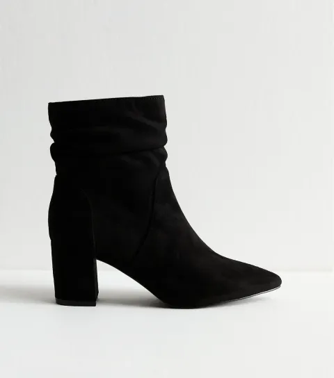 Women's Black Faux Suede Ruched Effect Ankle Boots Vegan