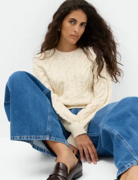Marks & Spencer Cable Knit Crew Neck Slim Fit Jumper Light Natural