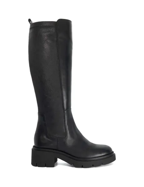 Dune London Leather Chunky Block Heel Knee High Boots Black