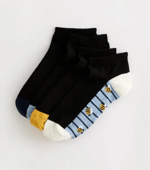 Pack of 4 Black Bee and Floral Trainer Socks