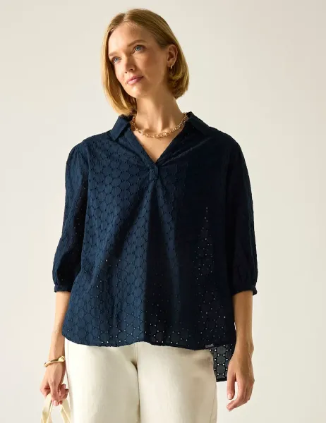 Regatta Nofino Cotton Rich Broderie Floral Blouse Navy