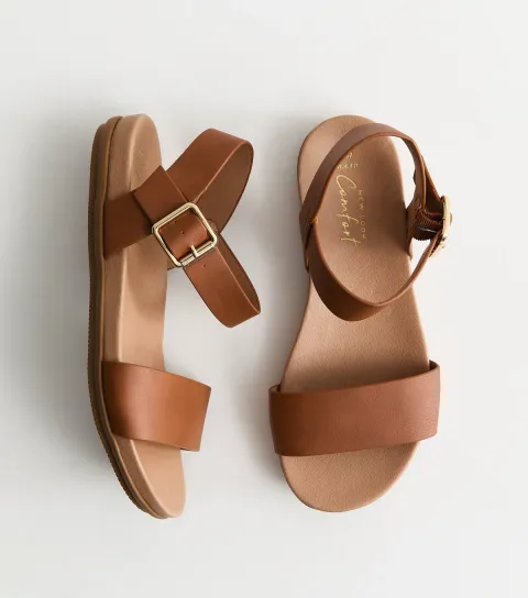 Women's Wide Fit Tan Faux Leather Flat Sandals Vegan