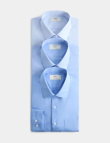 Marks & Spencer 3 Pack Slim Fit Easy Iron Shirts Blue