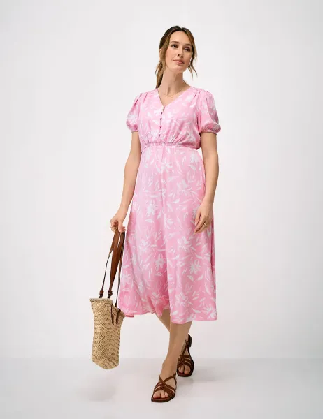 Crew Clothing Floral V-Neck Puff Sleeve Midi Tea Dress Pink Mix