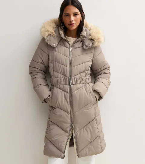 New Look Women's Stone Longline Faux Fur Trimmed Hooded Coat