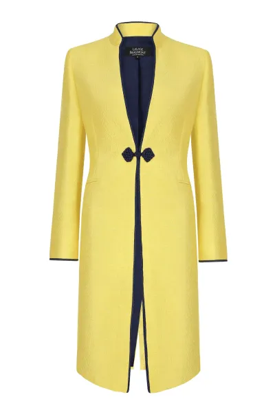 Yellow Dress Coat in Summer Brocade with Cord Trim and Frogging - Vicky
