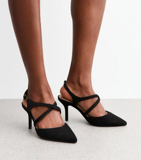 Women's Wide Fit Black Faux Suede Crossover Strap Pumps