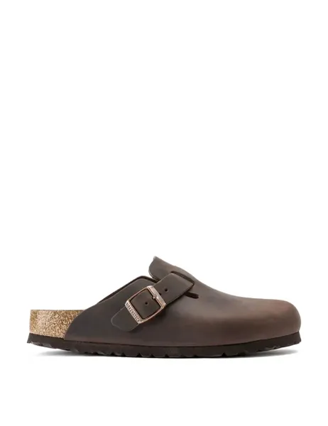 Birkenstock Boston Leather Buckle Flat Footbed Clogs Brown