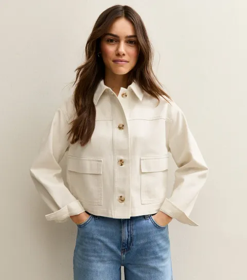 Women's Petite Off White Boxy Cotton Shacket