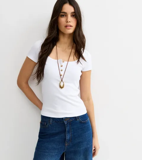 New Look Women's Black Short Sleeve Ribbed Henley Tee