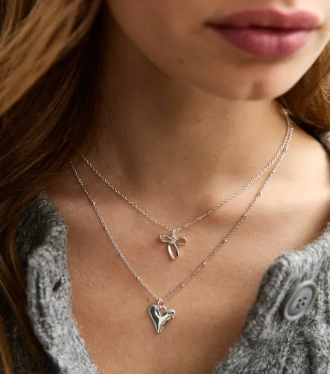 Silver Tone 2 Layer Bow and Heart Pendant Necklace