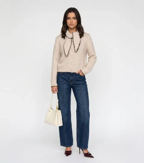 Urban Bliss Women's Cream Contrast Trim Scarf Detail Cardigan