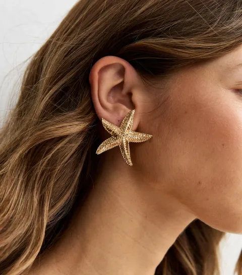 Large Gold Tone Textured Starfish Stud Earrings