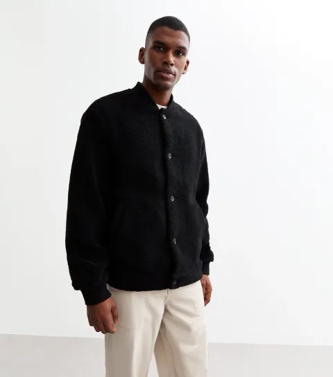 Men's Black Regular Fit Textured Bomber Jacket