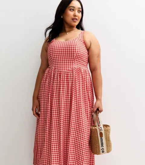 New Look Women's Plus Size Red Gingham Double Bow Back Midi Dress Curves