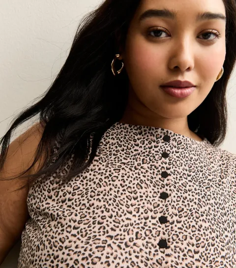 Women's Plus Size Brown Cotton Rich Leopard Print Button Through Tank Top Curves