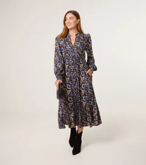 Women's Black Floral Gathered Midi Dress