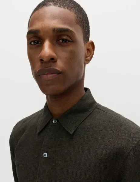 Marks & Spencer Pure Linen Check Shirt Khaki Mix