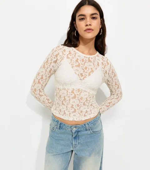 Women's Cream Sheer Floral Lace Long Sleeve Top