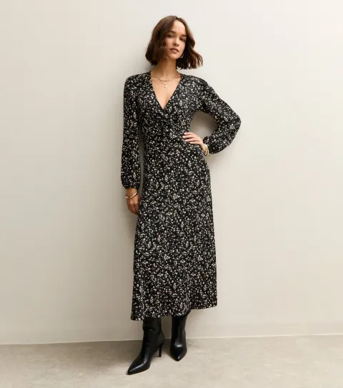Women's Black Floral Wrap Midi Dress