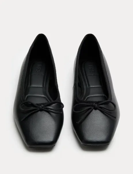 Marks & Spencer Leather Bow Square Toe Flat Ballet Pumps Black