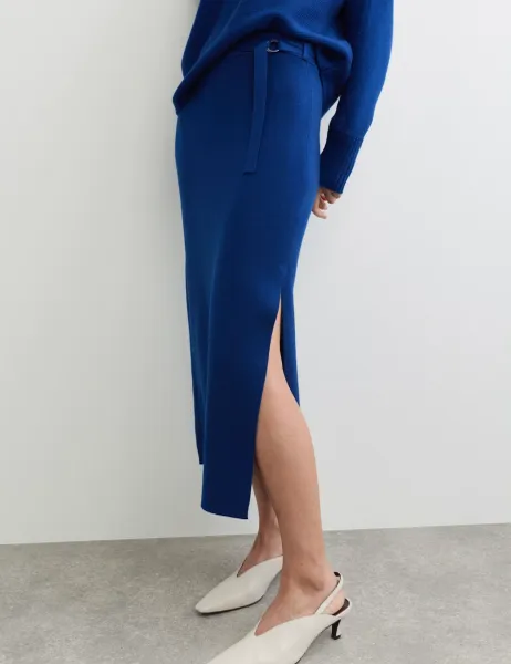 Jaeger Pure Merino Wool Midi Column Knitted Skirt Blue