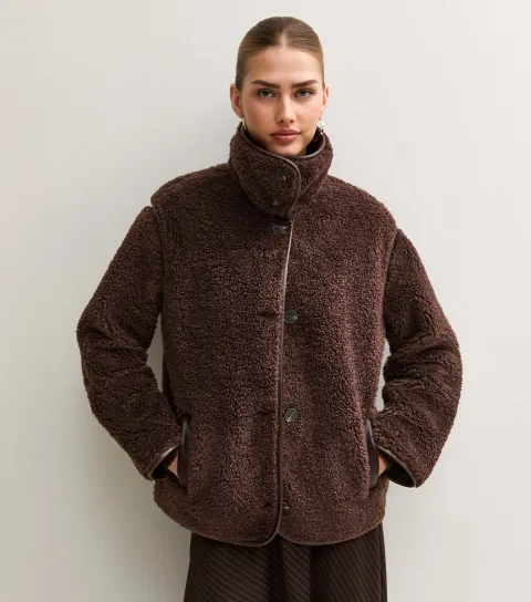 Women's Dark Burgundy Borg Texture Funnel Neck Jacket