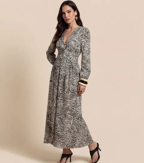 Women's Khaki Zebra print Long Sleeve Maxi Dress