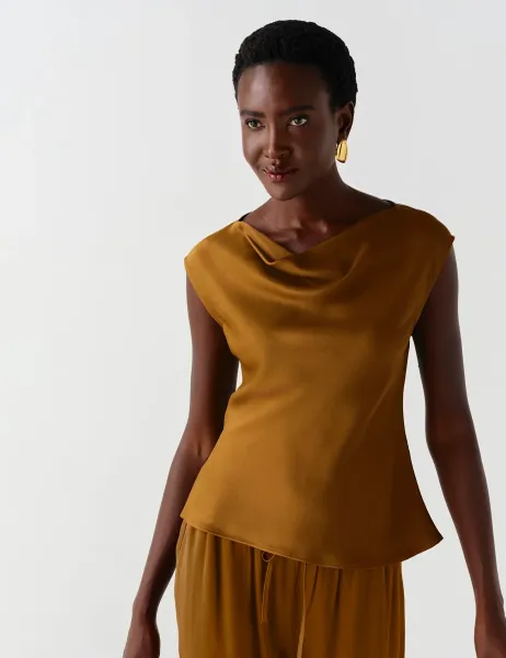 Ghost Satin Cowl Neck Cap Sleeve Top Medium Green