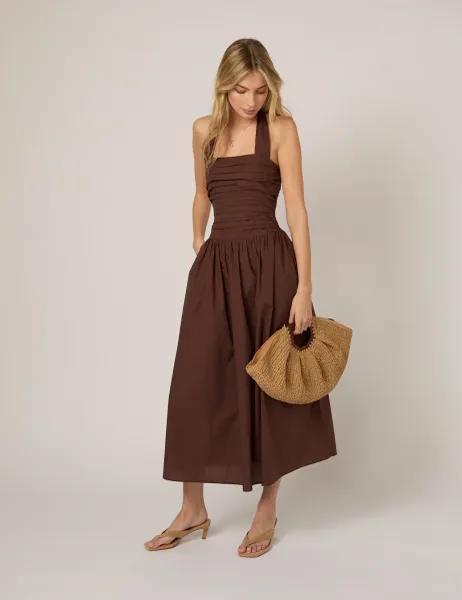 Nobody's Child Pure Cotton Halter Neck Midi Waisted Dress Brown