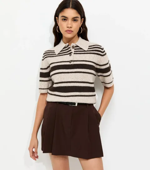 Women's Brown Multi Striped Ribbed Short Sleeve Polo Top
