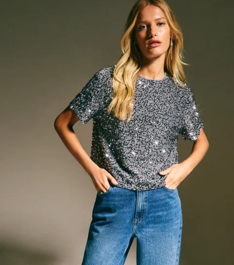 Women's Grey Velvet Sequin Embellished T-Shirt