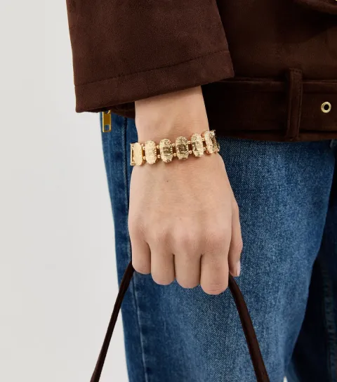 Gold Tone Textured Rectangle Bead Stretch Bracelet
