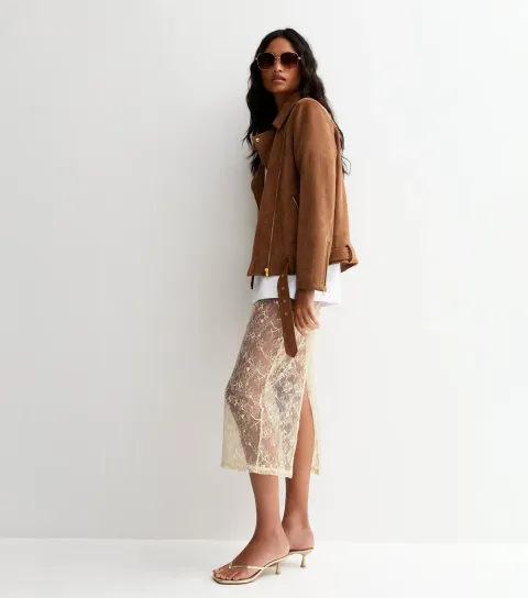 Women's Cream Sheer Sequinned Pencil Skirt