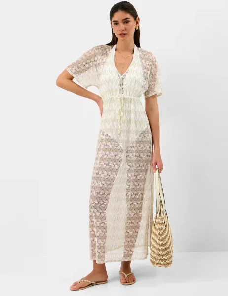 Accessorize Textured V-Neck Maxi Kaftan Beach Dress White Mix