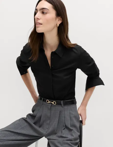 Marks & Spencer Cotton Rich Collared Fitted Shirt Black