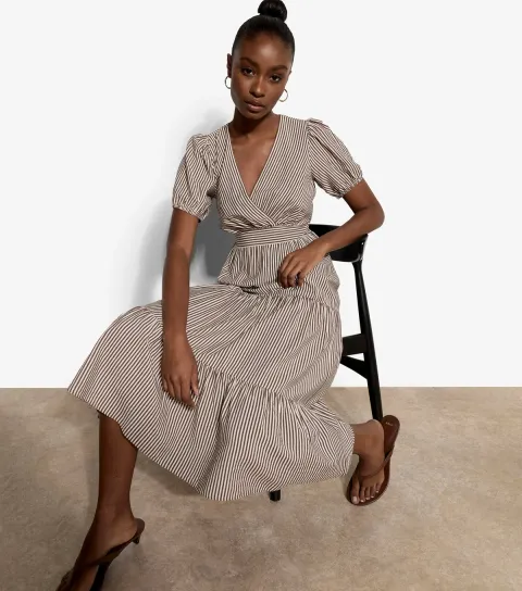 Women's Brown Multi Stripe Tiered Midi Dress