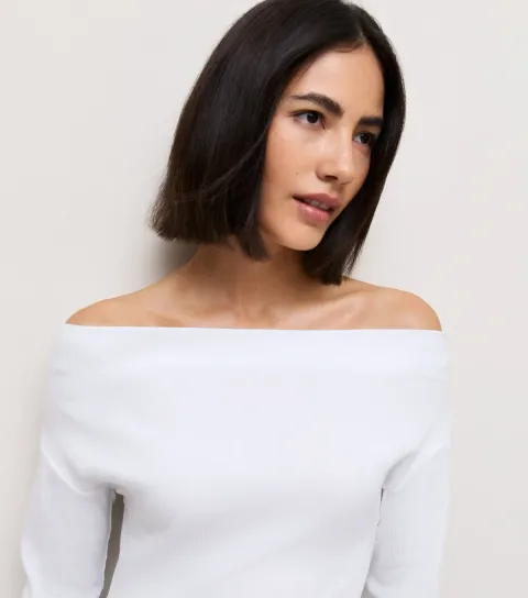 Women's White Cotton Rich Long Sleeve Ribbed Bardot Top