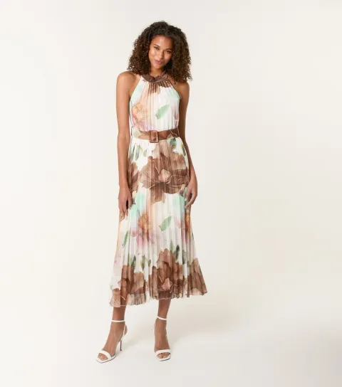 Women's Dark Khaki Floral Print Pleated Midi Dress