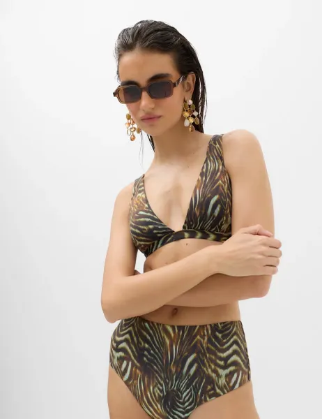 Marks & Spencer Animal Print Padded Plunge Bikini Top Dark Green Mix