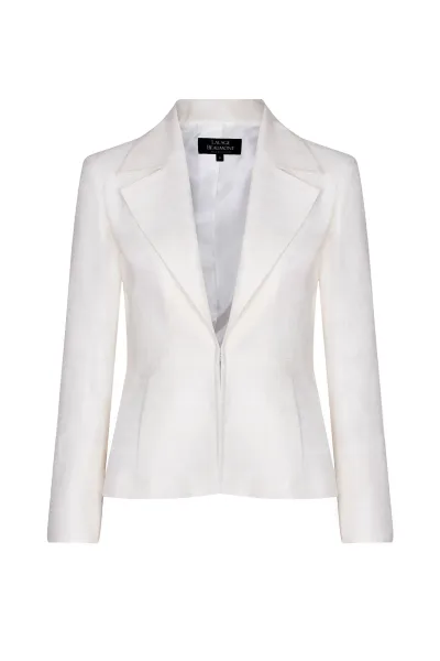 Ivory Raw Silk Tussar Fitted Jacket with Wide Collar and Waist Fastening - Joanna