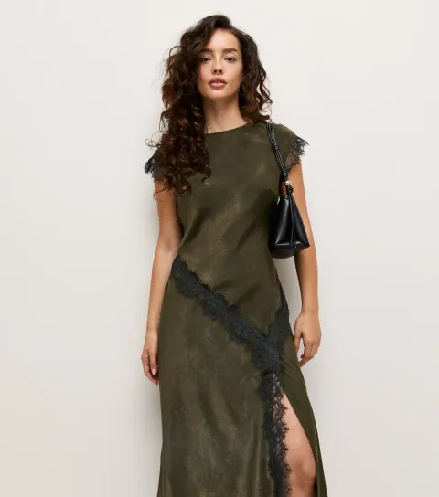 Women's Petite Dark Khaki Lace Trim Bias Midi Dress