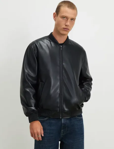 River Island Faux Leather Bomber Jacket Black
